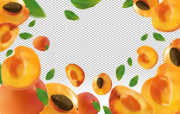 Aprikos bakgrund. Färsk aprikos med grönt blad på transparent bakgrund. Flygande aprikos är hel och delad på mitten. Fallande aprikos från olika vinklar. Naturprodukt. Vektorillustration. — Stock vektor