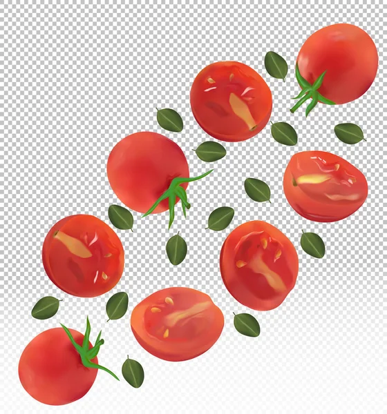 Coleção vermelho de tomate com folhas em fundo transparente. Tomate voando são inteiros e cortados ao meio. Tomate fresco maduro útil. Produto natural. Ilustração vetorial realista —  Vetores de Stock