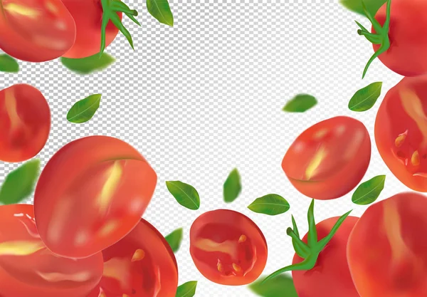 Το φόντο της ντομάτας. Φρέσκια ντομάτα με πράσινο φύλλο σε διάφανο φόντο. Οι ιπτάμενες ντομάτες είναι ολόκληρες και κομμένες στη μέση. Πτώση τομάτας από διαφορετικές γωνίες. Προϊόν φύσης. Εικονογράφηση διανύσματος. — Διανυσματικό Αρχείο