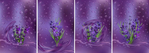 Collection lavande violette avec gouttes d'eau. Verse de l'eau sur la lavande. Huile d'arôme lavande. Bouquet tendre de lavande. Illustration vectorielle réaliste 3D — Image vectorielle