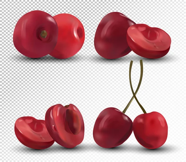 Cerezas frescas sobre fondo transparente. Conjunto de cerezas rojas. Producto de la naturaleza. Bayas realistas 3D. Ilustración vectorial — Archivo Imágenes Vectoriales