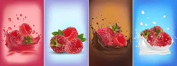 Framboise réaliste 3D en éclaboussure de lait et éclaboussure de chocolat. Jus de framboise avec gouttes. Framboise rouge fraîche sur fond transparent. Baies biologiques.Illustration vectorielle détaillée — Image vectorielle
