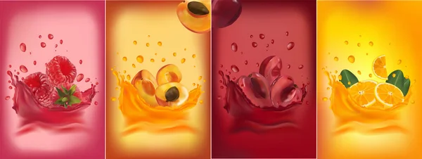 Zumo de fruta, cereza, frambuesa, naranja, albaricoque. Frutas y salpicaduras 3D realistas. Producto ecológico. Ilustración vectorial — Vector de stock