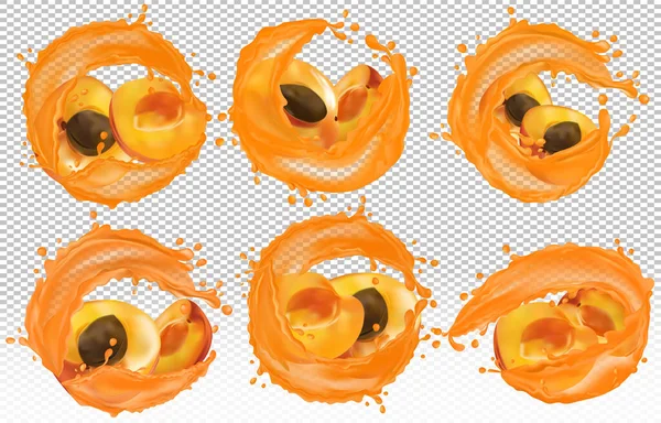 Apricot juice. Collection fresh fruit. Splashing juice on apricot. Sweet cocktail. Apricot are whole and cut in half. 3D realistic apricot. Vector icon. — Stock Vector