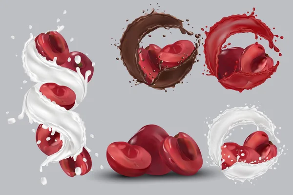 Cherry juice, cherry in chocolate, milk splash. Collection fresh cherry. Sweet dessert. 3D realistic cherry. Vector illustration — Stock Vector