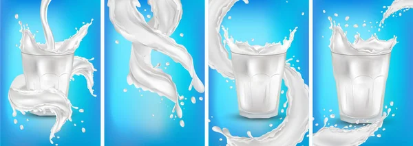 Milk in a transparent glass. Splash milk on the blue background. Cocktail milk. Realistic fresh milk splashing. 3D illustration. — Stock Photo, Image