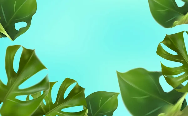 Foglie tropicali su fondo blu, fogliame tropicale monstera con fogliame a foglie spaccate che cresce in natura. Banner con elementi botanici, prodotti cosmetici per la salute, medicina. Illustrazione vettoriale 3D — Vettoriale Stock