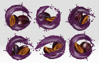 Damlalar halinde altı çeşit erik içeren üç boyutlu ikonlar. Pankartınız, posteriniz ve doğal ekolojik ürününüz için gerçekçi olgun erik toplama ayrıntıları. Taze erik dilimi ve bütün. 3B vektör