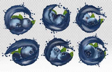 Meyve suyuyla sulu, olgun yaban mersini. Farklı açılardan taze yaban mersini. Meyve suyu ya da yaban mersinli reçel. Vahşi yaz yabanmersini. Posterin için illüstrasyon, afiş. 3B vektör simgesi