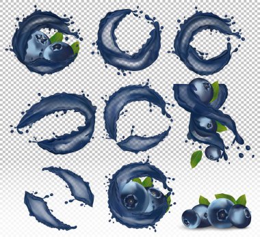 Juicy ripe blueberry with splash juice berry. Fresh blueberry from different angles. Smoothie or jam with blueberry. Wild summer blueberry. Illustration for your poster, banner. 3D vector icon clipart