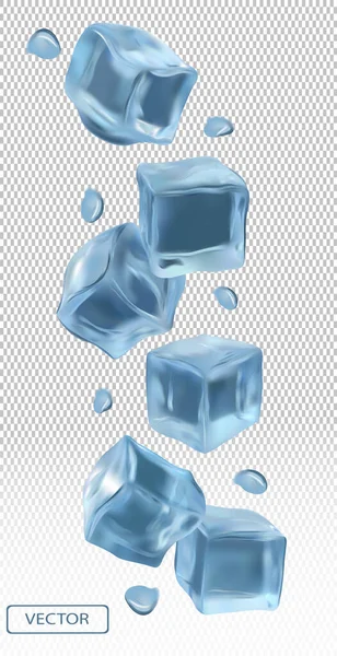 Ice cubes with water drops on transparent background. Frozen ice cubes from different angles. 3D realistic vector illustration — Stock Vector