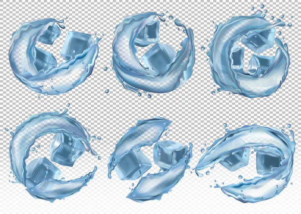 Su sıçratan gerçekçi buz küpleri ve şeffaf arkaplanda suyun kıvrımları. Farklı açılardan buz küpleri. 3B vektör simgesi