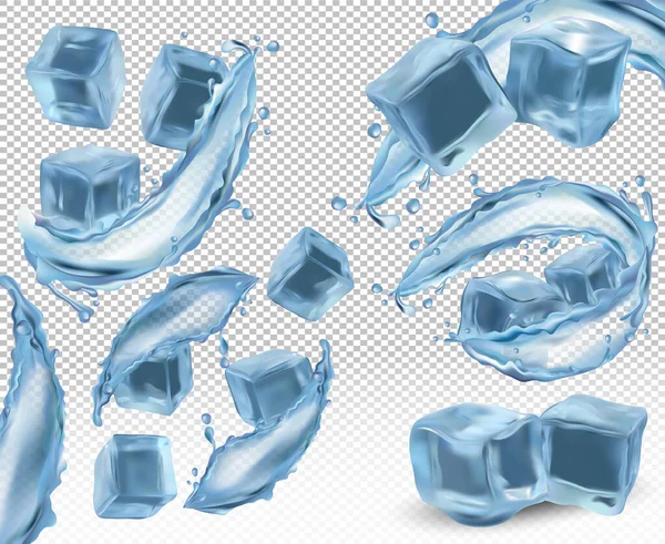 Cuburi de gheață realiste cu stropi și răsuciri de apă pe fundal transparent. Cuburi de gheață din unghiuri diferite. Pictograma vectorială 3D — Vector de stoc