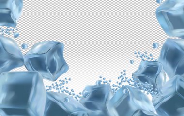 Gerçekçi mavi donmuş buz küpleri ve su damlaları. Metnin için buzlu arkaplan ve kopya alanı. Vektör illüstrasyonu