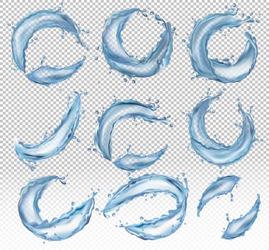 Şeffaf su kolleksiyonu farklı açılardan su sıçratır. 3B vektör simgesi