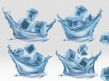Gerçekçi buz küpü ve şeffaf arkaplanda su sıçraması. Farklı açılardan dondurulmuş mavi buz küpleri. Vektör illüstrasyonu