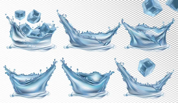 Realistiska vatten stänk och frysta isbitar på transparent bakgrund. Samling 3D-ikon. Vektorillustration — Stock vektor