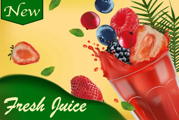 Suco multi vitamina doce. Splash de suco na fruta. Morango realista, framboesa, mirtilo, framboesa preta, groselha vermelha. Ilustração vetorial — Vetor de Stock