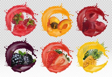 Tatlı meyveye bir damla meyve suyu. Meyve ahududu, kayısı, kiraz, siyah ahududu, ananas, çilek. Şeffaf arkaplanda 3 boyutlu gerçekçi meyve. Vektör illüstrasyonu