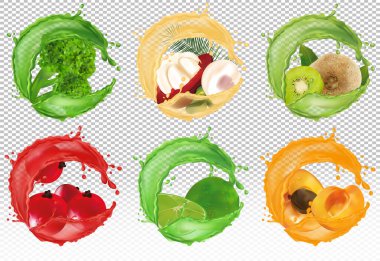 Tatlı meyveye bir damla meyve suyu. Taze kuşüzümü, meyve mangosteen, kivi, limon, kayısı ve 3D brokoli şeffaf arka planda gerçekçi meyve ve sebze. Vektör illüstrasyonu