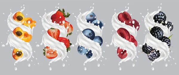Melk spat op fruit en bessen. Realistische abrikoos, aardbeien, zwarte frambozen, bosbessen, kersen. Lekkere fruityoghurt. Vectorillustratie — Stockvector