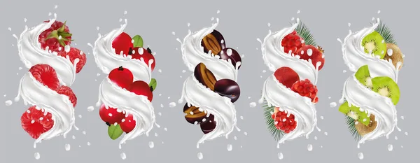 Savoureux yaourt aux fruits. Du lait sur les fruits. Framboise réaliste, kiwi, groseille, grenade, prune. Illustration vectorielle — Image vectorielle