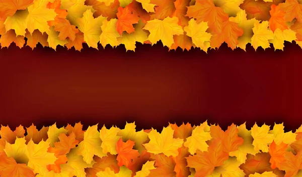 Banner com folhas de outono laranja. Design de outono brilhante para o seu pôster, cartão, etiqueta e espaço de cópia para o seu texto. Ilustração vetorial realista 3D —  Vetores de Stock