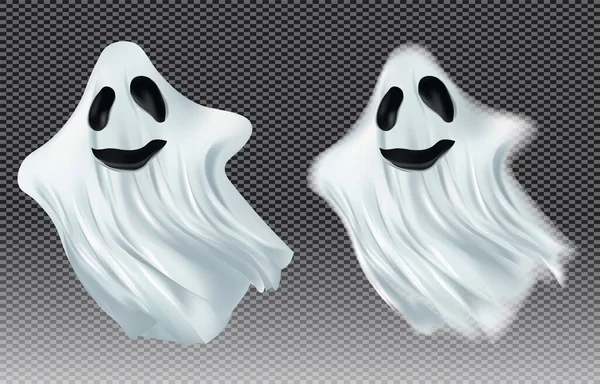 Blanke transparante spook vector illustratie. Geesten geïsoleerd op donkere achtergrond. Het concept van Halloween, monster, geest, poltergeist die zweeft in de lucht. Wezens uit een andere wereld, het hiernamaals. — Stockvector