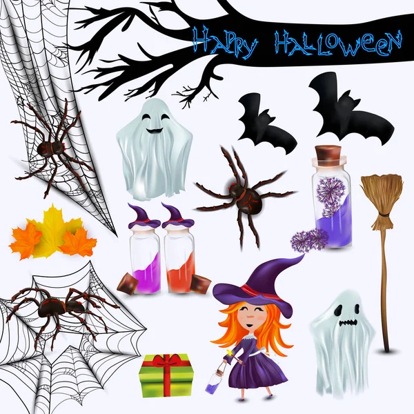 Karakters Halloween, kleine heks, geest, spin, blad, spinnenweb, vleermuizen realistische bezemsteel. Onderwerp Gelukkige Halloween. 3D-vectorpictogram. — Stockvector