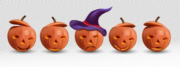 Oranje pompoenen voor uw ontwerp op transparante achtergrond. Concept Gelukkige Halloween. Set van de gelukkige en kwaadaardige pompoen met een hoed. 3D realistische vector illustratie — Stockvector