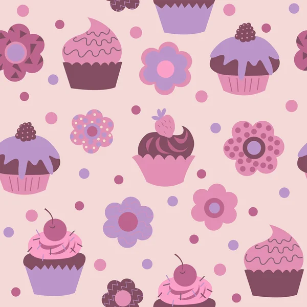 Niedliche Dekorative Nahtlose Muster Mit Einem Anderen Blumen Und Cupcakes — Stockvektor