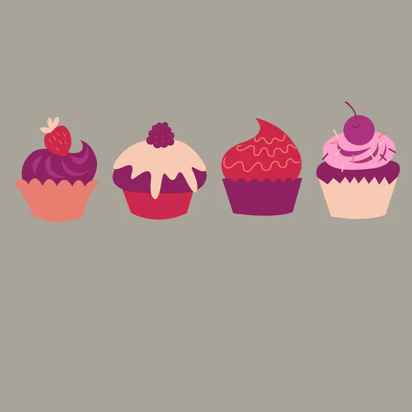 Σετ Ένα Διαφορετικό Χαριτωμένα Διακοσμητικά Fruitcakes Και Φρούτα — Διανυσματικό Αρχείο
