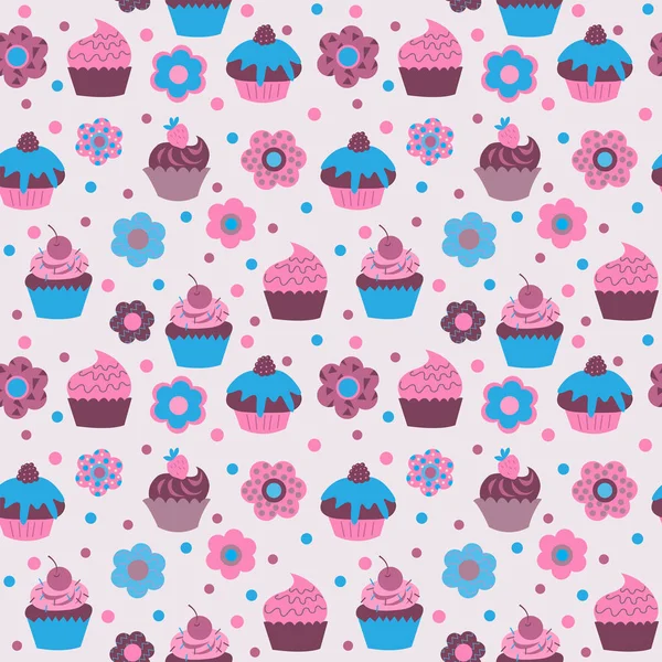 Niedliche Dekorative Muster Mit Süßen Cupcakes Und Verschiedenen Blumen — Stockvektor