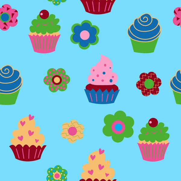 Padrão Sem Costura Com Diferente Cupcakes Decorativos Flores — Vetor de Stock
