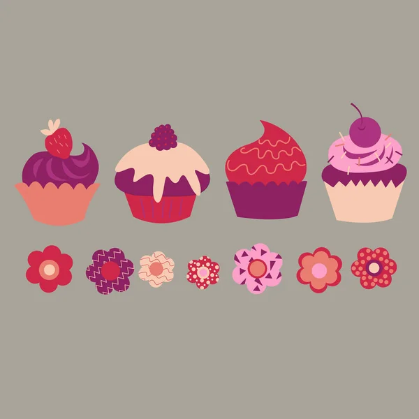 Bel Ensemble Avec Des Cupcakes Décoratifs Différents Des Fleurs — Image vectorielle