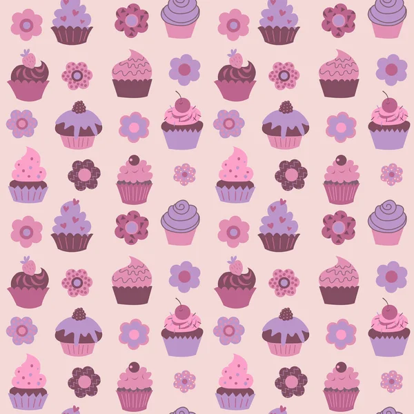 Mignon Motif Sans Couture Avec Cupcakes Fleurs Fruits — Image vectorielle