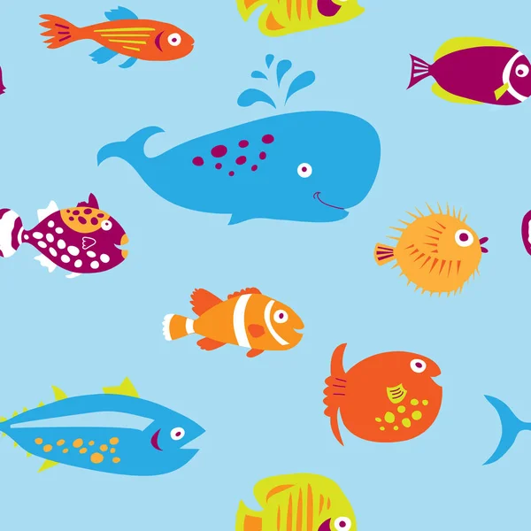 Cute Seamless Pattern Multi Colored Cartoon Fishes — Stock Vector