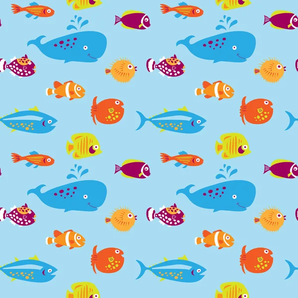 Seamless Pattern Cute Fishes Blue Background Vector Graphics