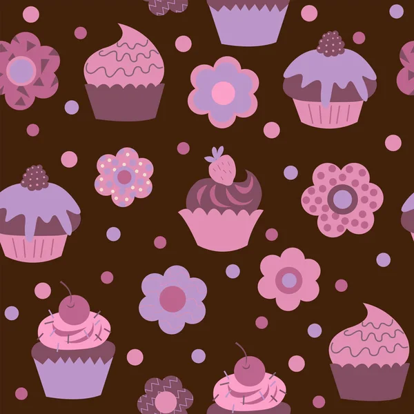 Fond Mignon Enfant Sans Couture Avec Cupcakes Fleurs — Image vectorielle