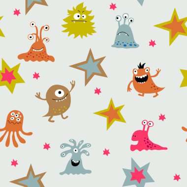 Sevimli çizgi canavarlar üzerinde hafif bir arka plan ile sorunsuz arka plan