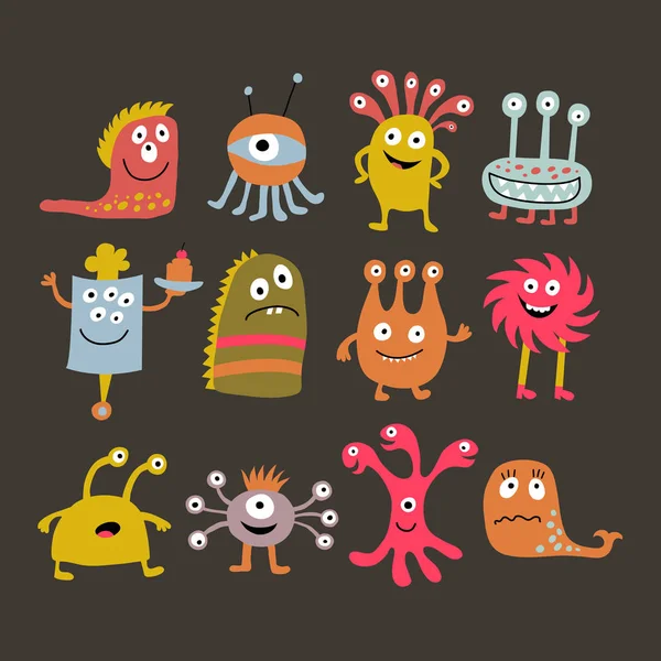 Set Cute Cartoon Monsters Dark Background — Stock Vector