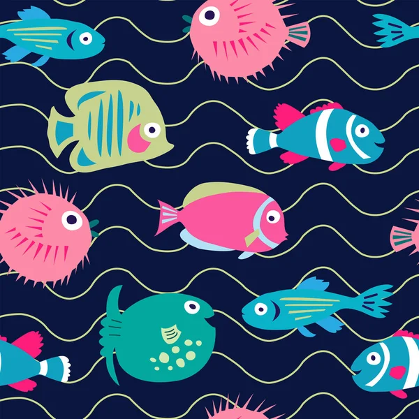 Seamless Pattern Cute Cartoon Fish Dark Background — Stock Vector