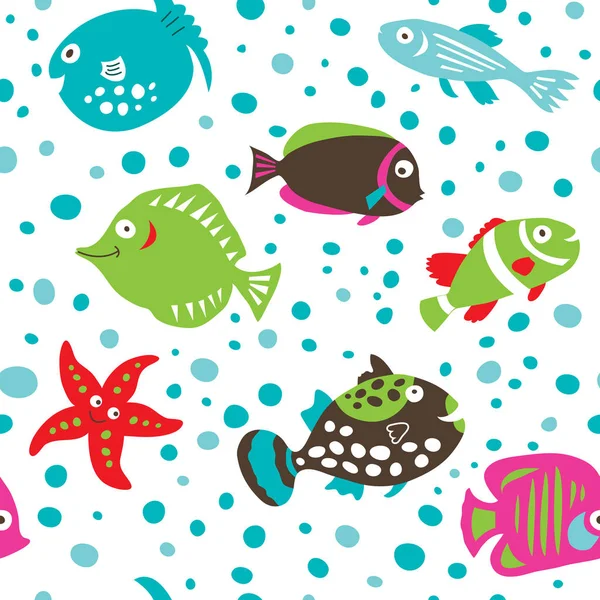Seamless Pattern Cute Cartoon Fish White Background — Stock Vector