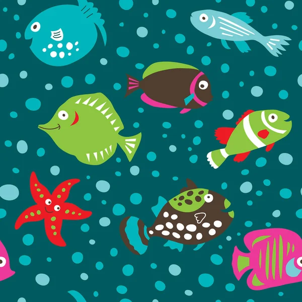 无缝模式与可爱的卡通鱼在绿色背景 — 图库矢量图片