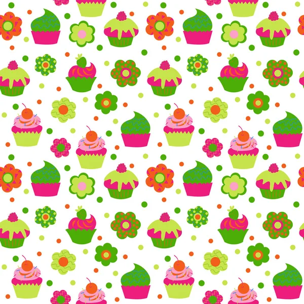 Modèle Sans Couture Avec Muffins Fleurs Baies — Image vectorielle