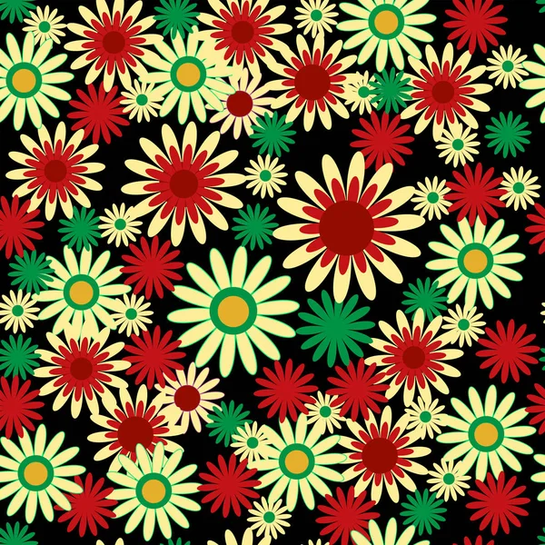 Abstrakte Florale Nahtlose Ornamente Mit Gänseblümchen Auf Schwarzem Hintergrund — Stockvektor