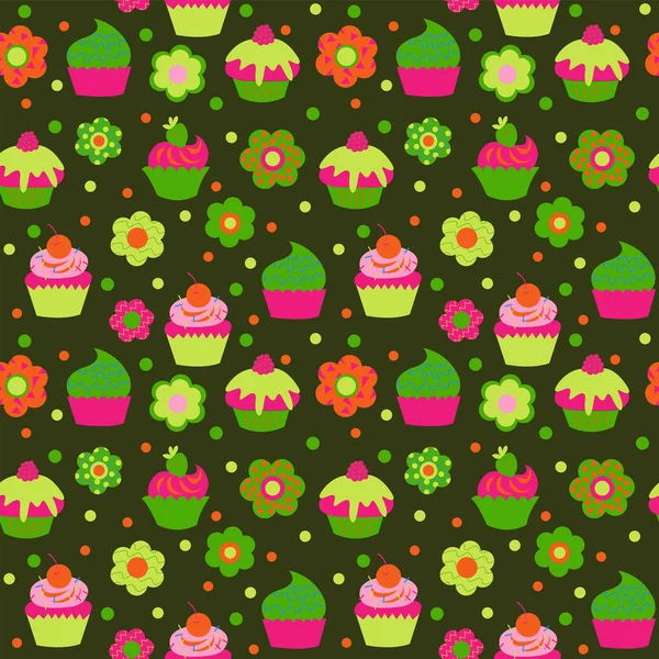 Cute Seamless Pattern Cupcakes Green Background — Stock Vector