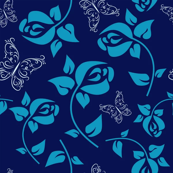 Fleur Motif Sans Couture Avec Des Roses Sur Fond Bleu — Image vectorielle