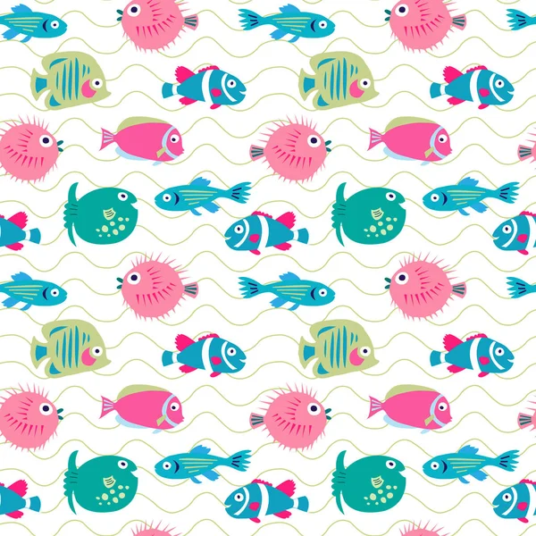 Cute Seamless Texture Different Tropical Fish — Stock Vector