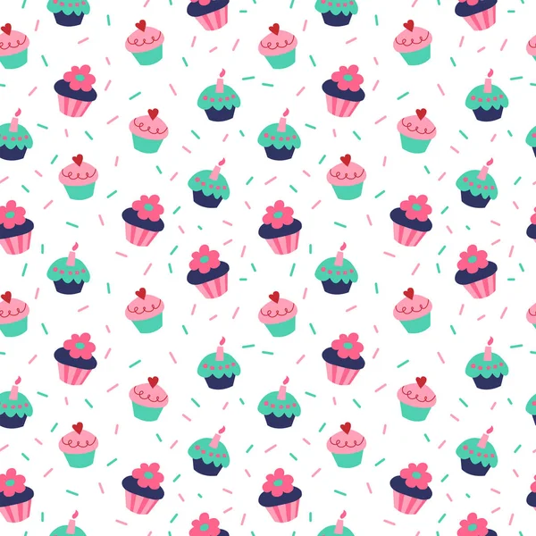 Nahtloser Hintergrund Mit Cupcakes Und Muffins Auf Weißem Hintergrund — Stockvektor